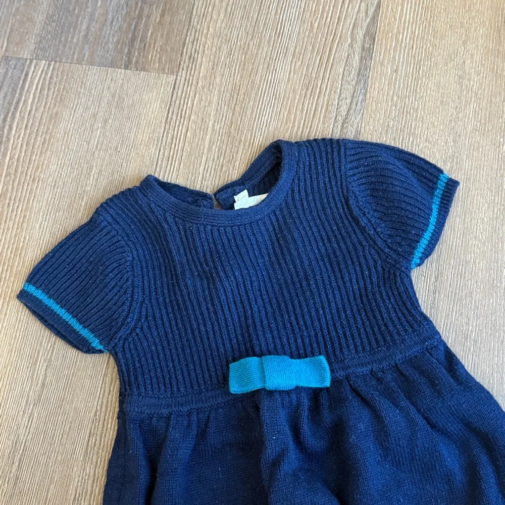 Jacadi navy ribbed cotton wool blend bow embellished teal trim dress - 6months